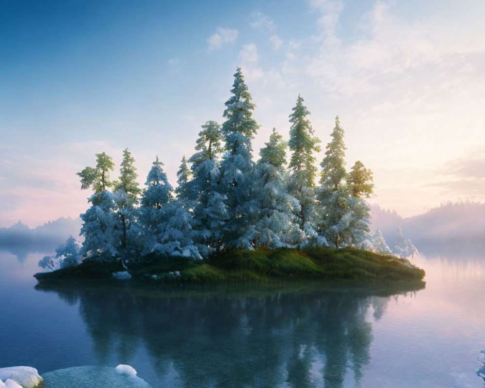 Snow-covered winter island with tranquil waters and sunrise reflections.