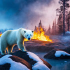 Polar bear on snowy rock with fiery forest backdrop