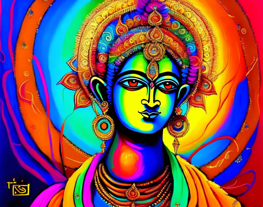 Colorful portrait of a deity with peacock feather crown and ornaments on psychedelic background
