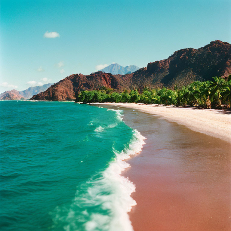 Scenic Tropical Beach with Palm Trees, Rocky Cliffs, Blue Sea, and Mountain