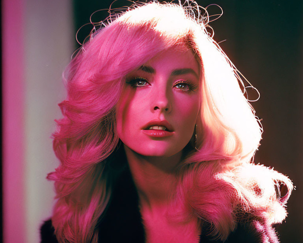 Blonde woman in black fur coat on vibrant retro background