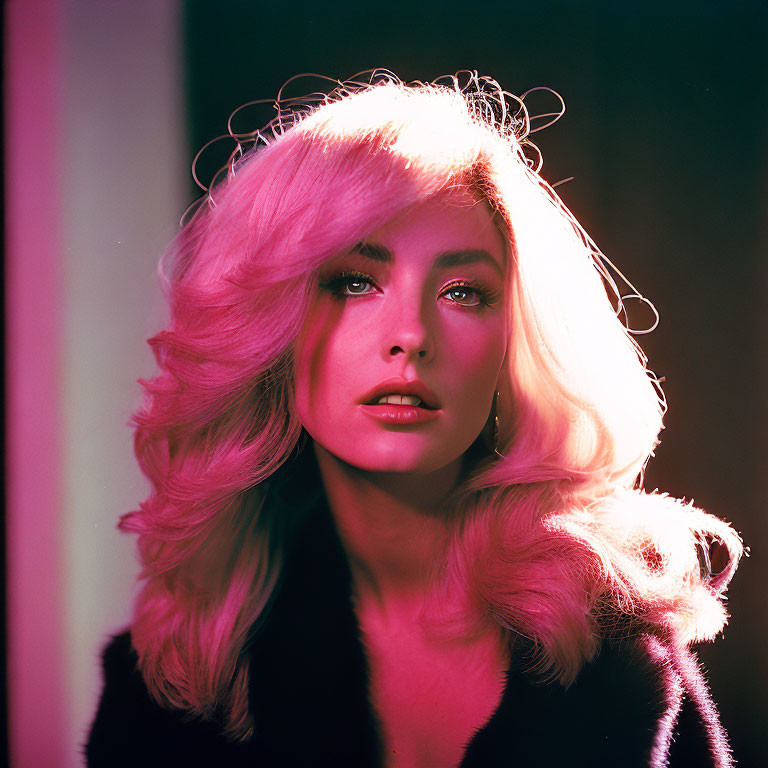 Blonde woman in black fur coat on vibrant retro background