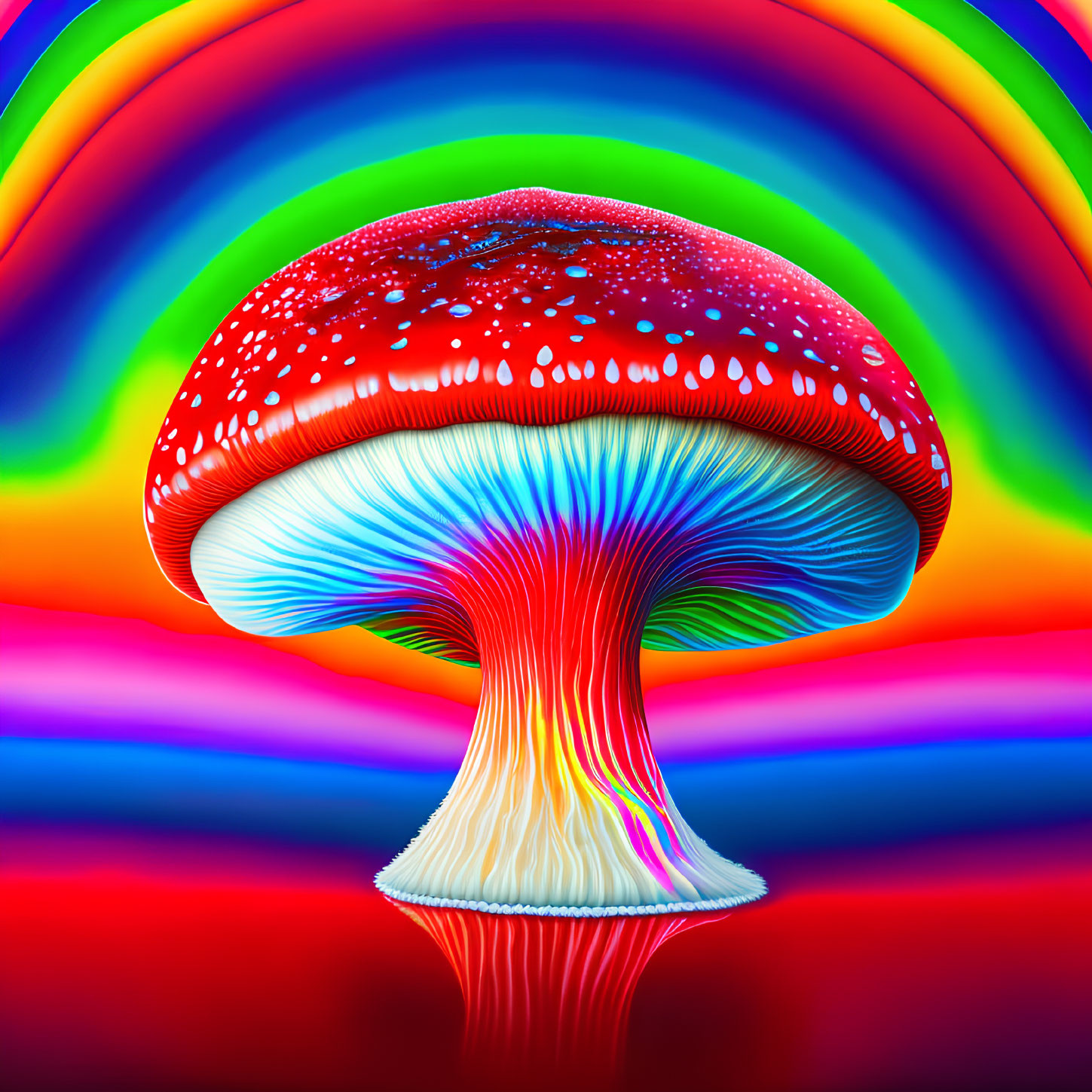 Colorful digital artwork of red-capped mushroom on vibrant backdrop