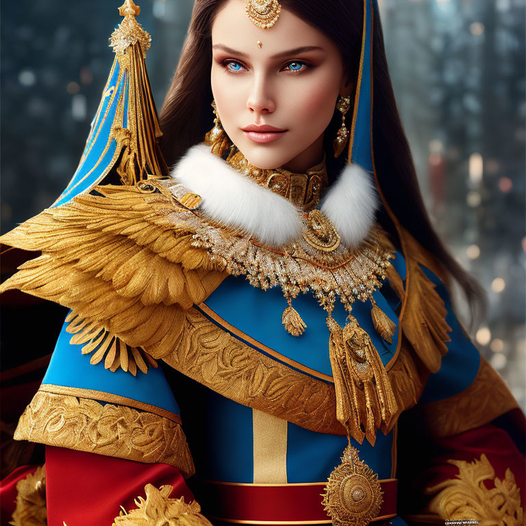 Elaborate blue and gold costume with regal headdress and jewelry