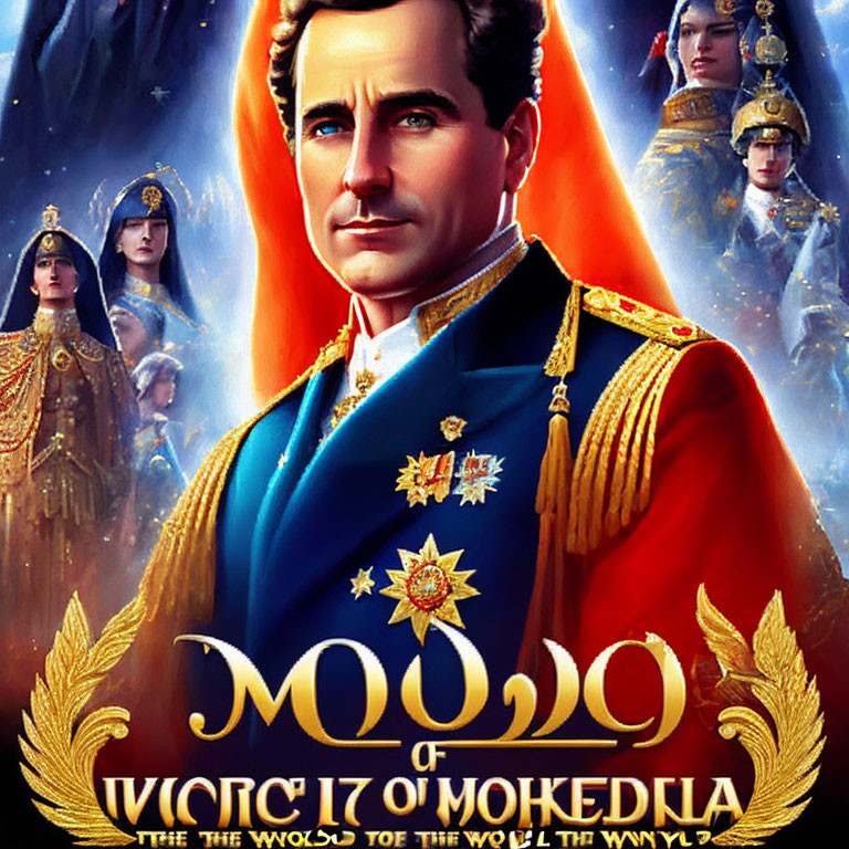 Illustrated poster of man in royal uniform with regal figures and foreign text.