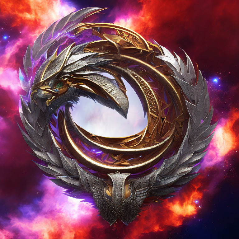 Metallic dragon in circular shape against vibrant cosmic backdrop.