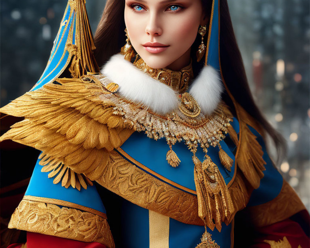 Elaborate blue and gold costume with regal headdress and jewelry