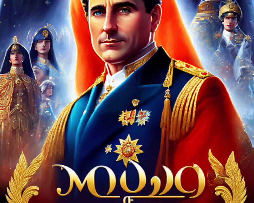 Illustrated poster of man in royal uniform with regal figures and foreign text.