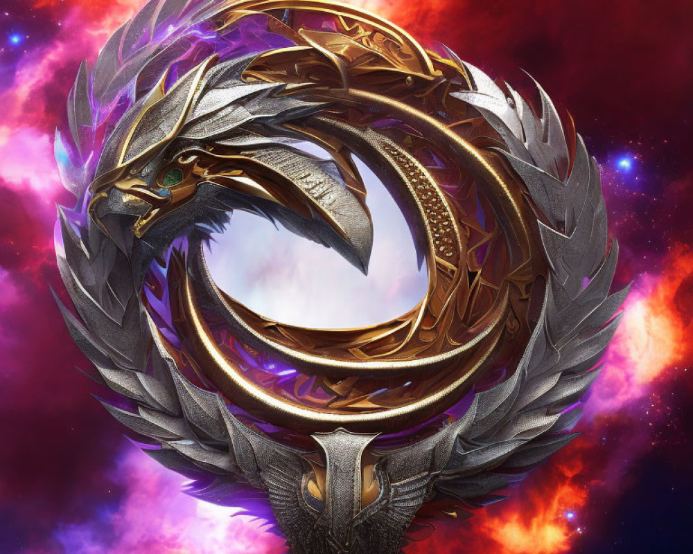 Metallic dragon in circular shape against vibrant cosmic backdrop.