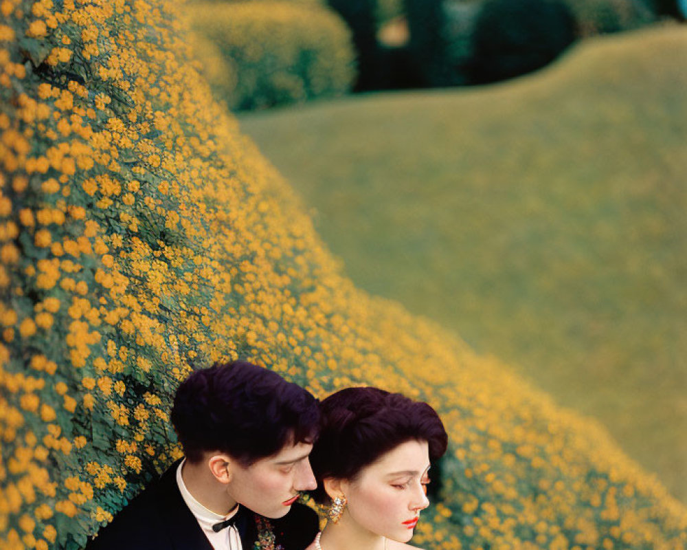 Formal couple embraced in front of vibrant yellow flowers and greenery