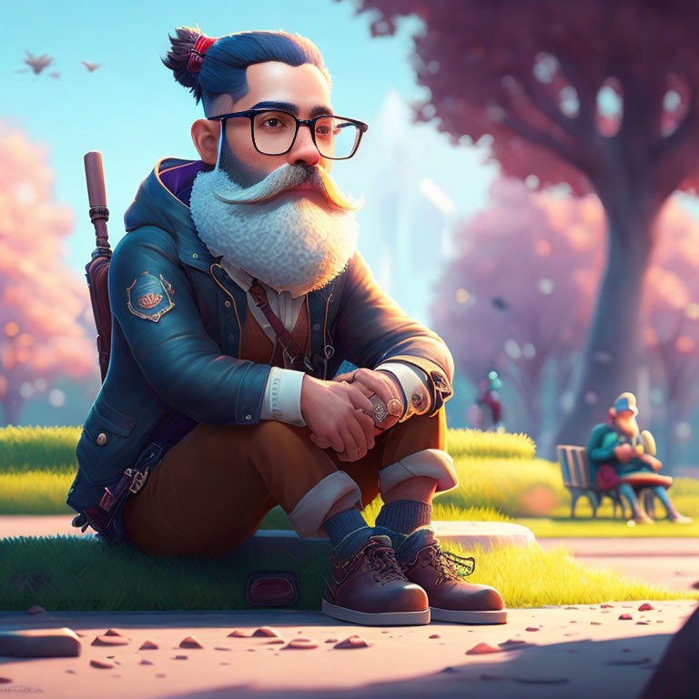 Hipster man with beard and glasses in park illustration.