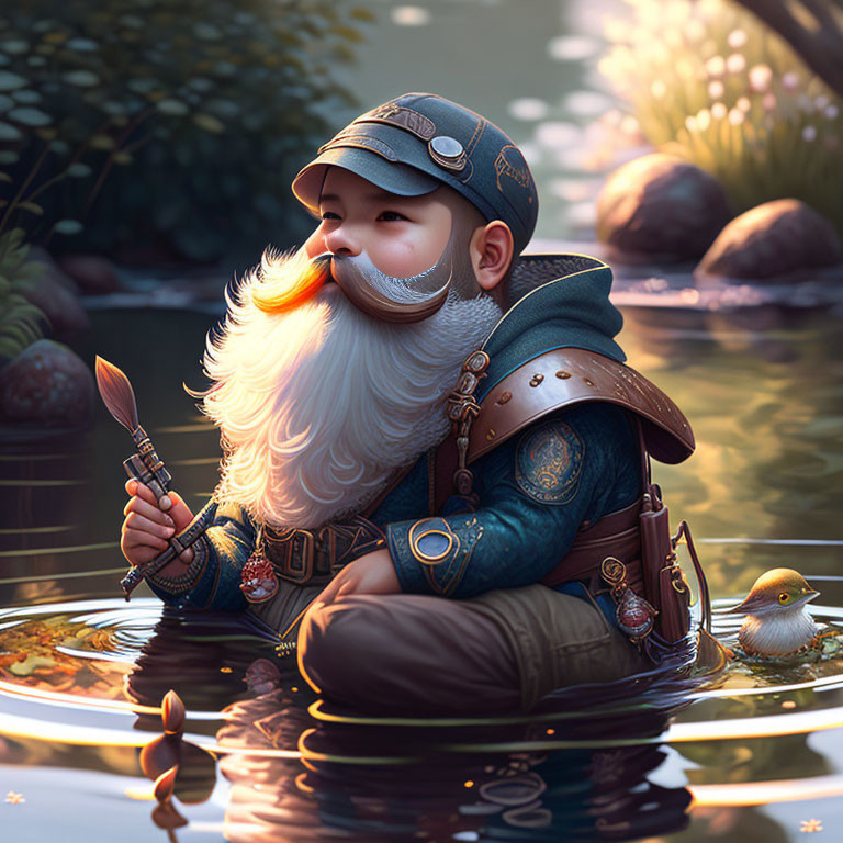 Fantasy dwarf fisherman with paintbrush by tranquil pond