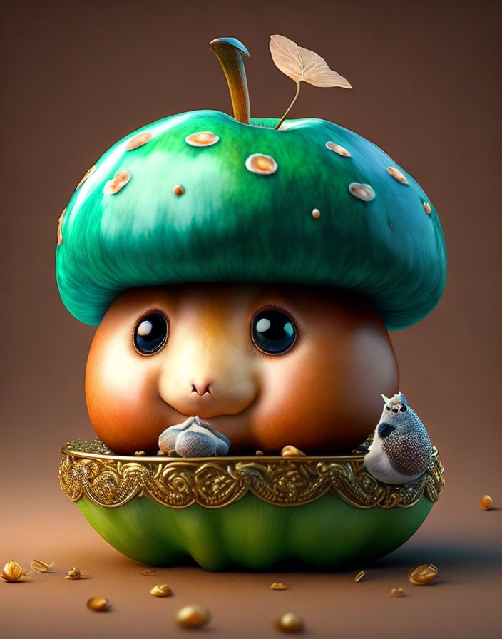 Round-bodied character with acorn hat and squirrel on golden base.