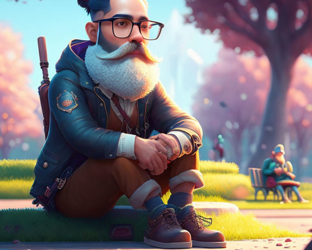 Hipster man with beard and glasses in park illustration.