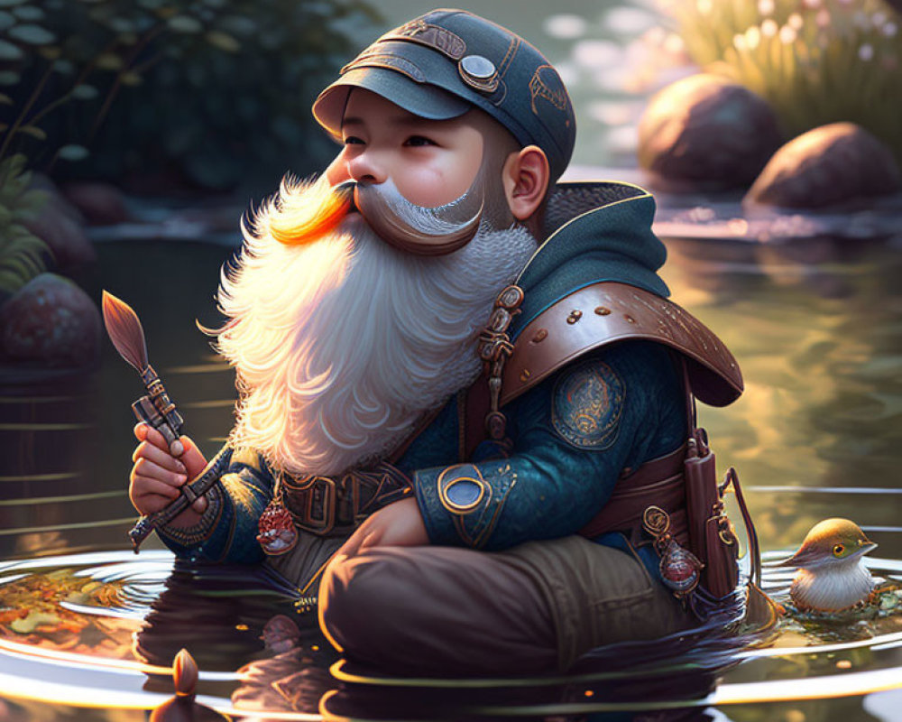 Fantasy dwarf fisherman with paintbrush by tranquil pond