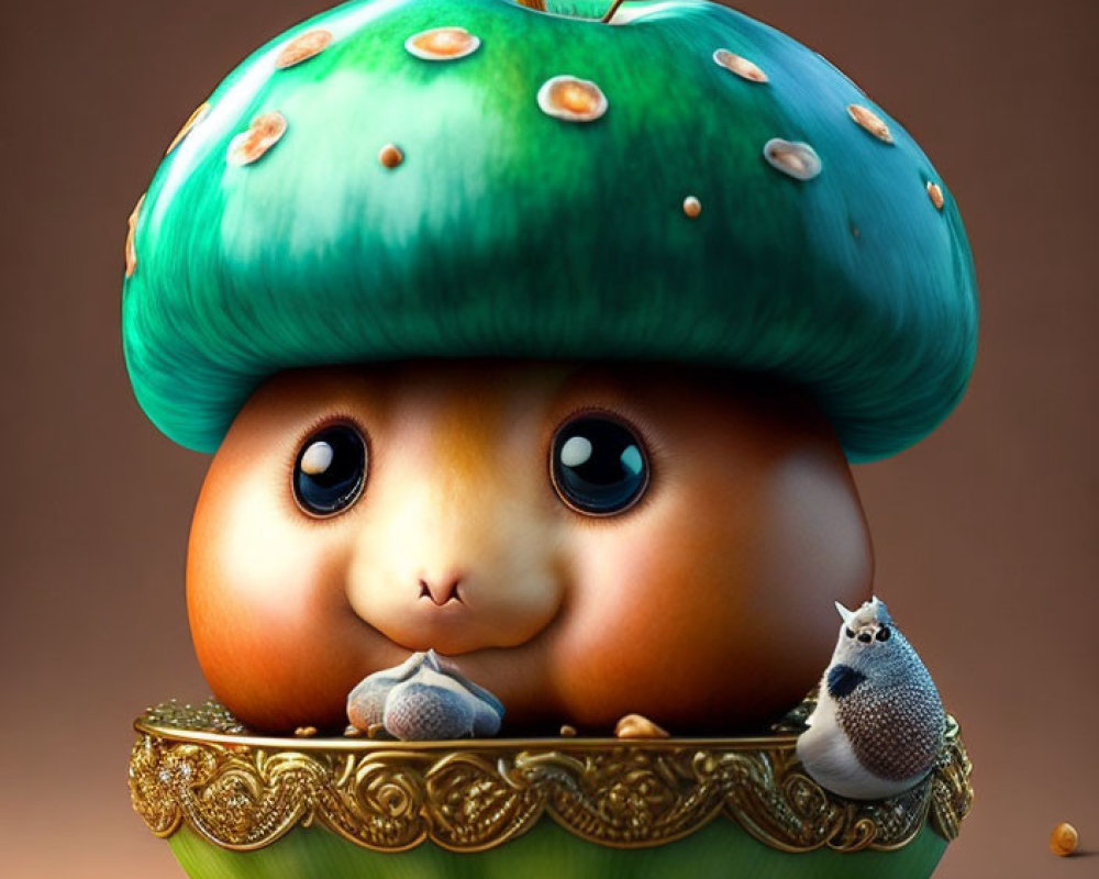 Round-bodied character with acorn hat and squirrel on golden base.