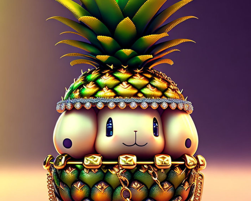 Anthropomorphic pineapple with tiara and necklace on gradient background