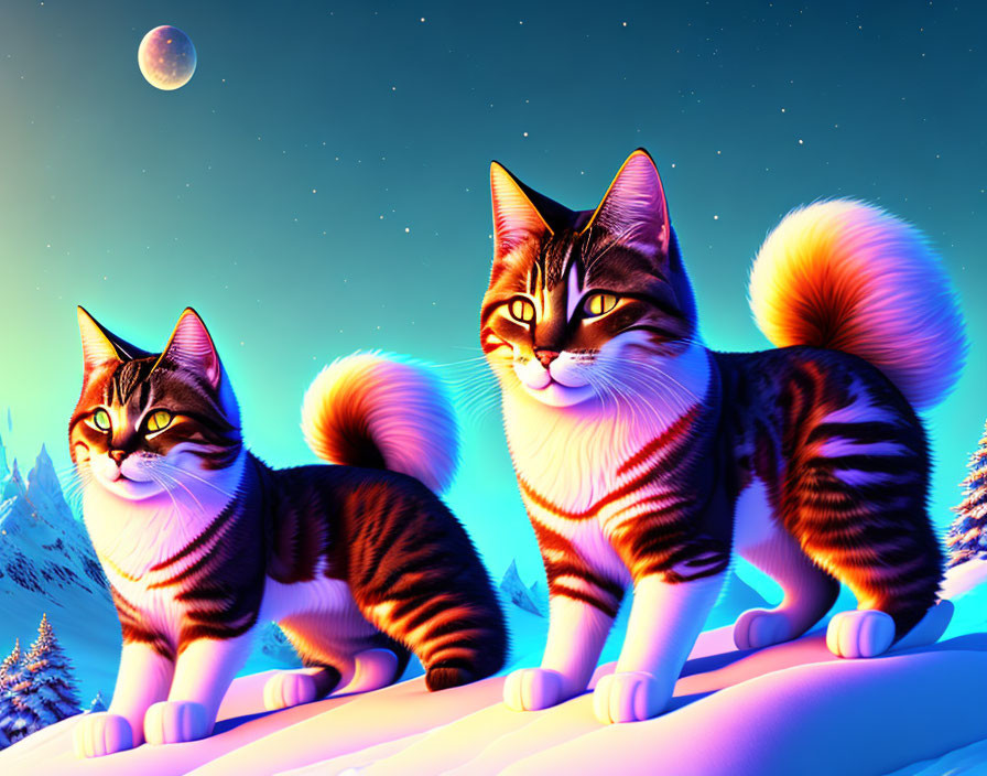 Stylized cats with vibrant, striped fur in snowy landscape