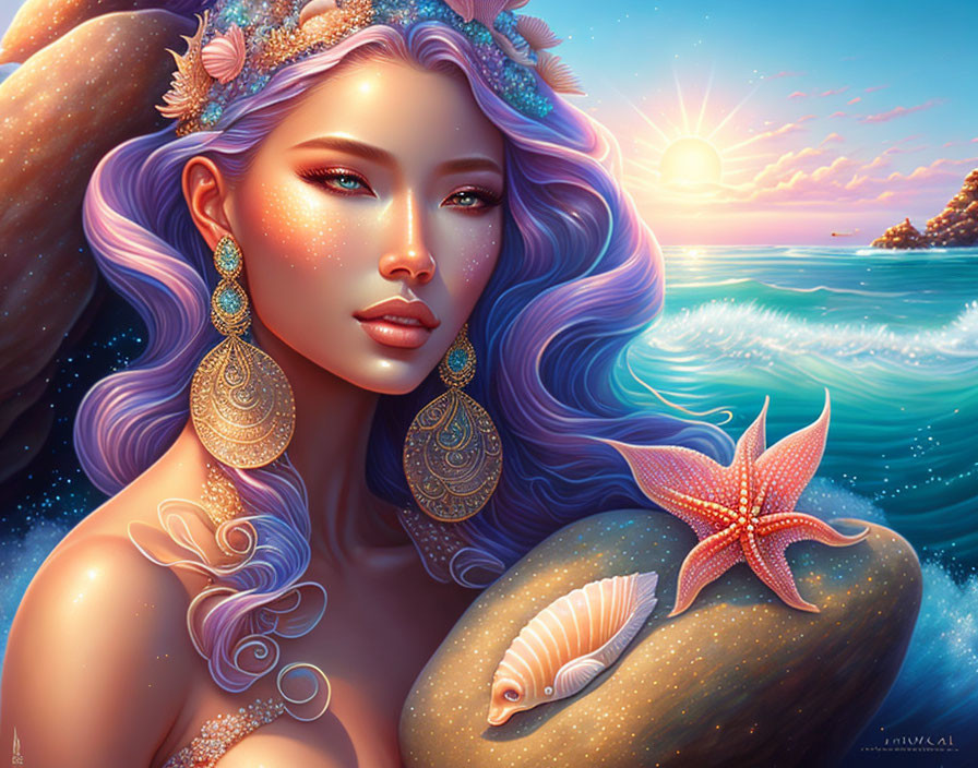 Fantasy portrait featuring woman with purple hair, marine elements, sunset, ocean.