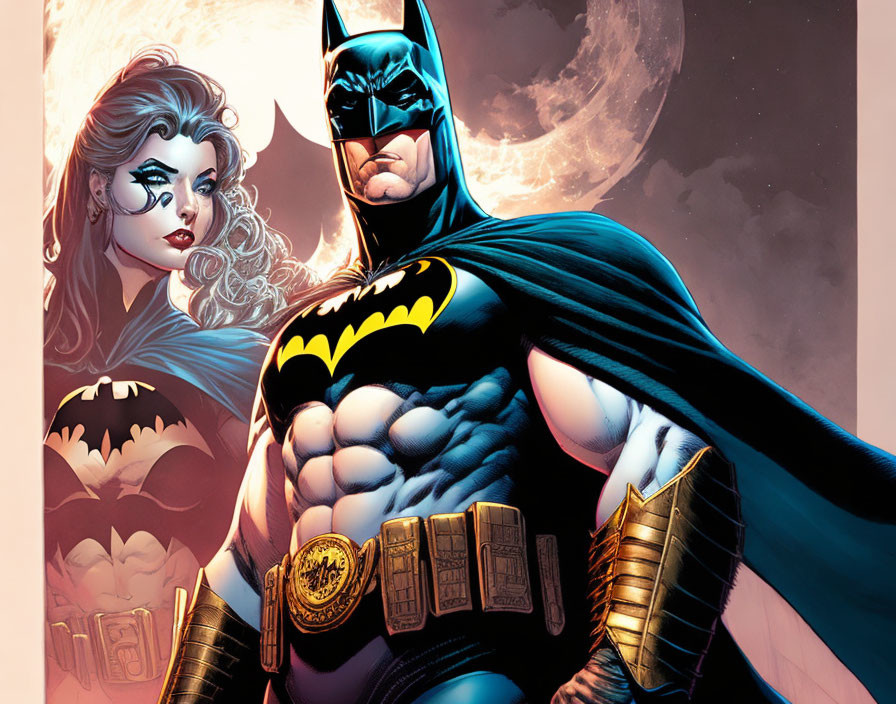 Comic Book Illustration: Batman and female character in iconic suits under full moon