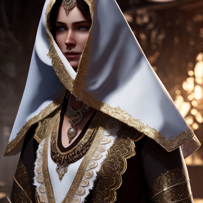 Digital art portrait of woman with piercing blue eyes in ornate white and gold cloak and jewelry.