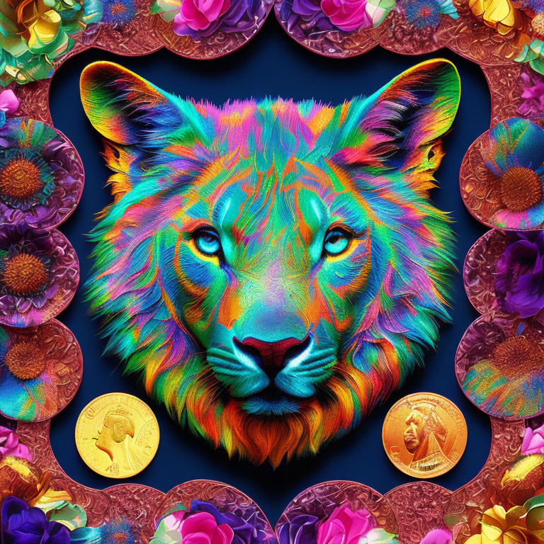 Colorful Lion Face Surrounded by Flowers and Coins on Dark Blue Background