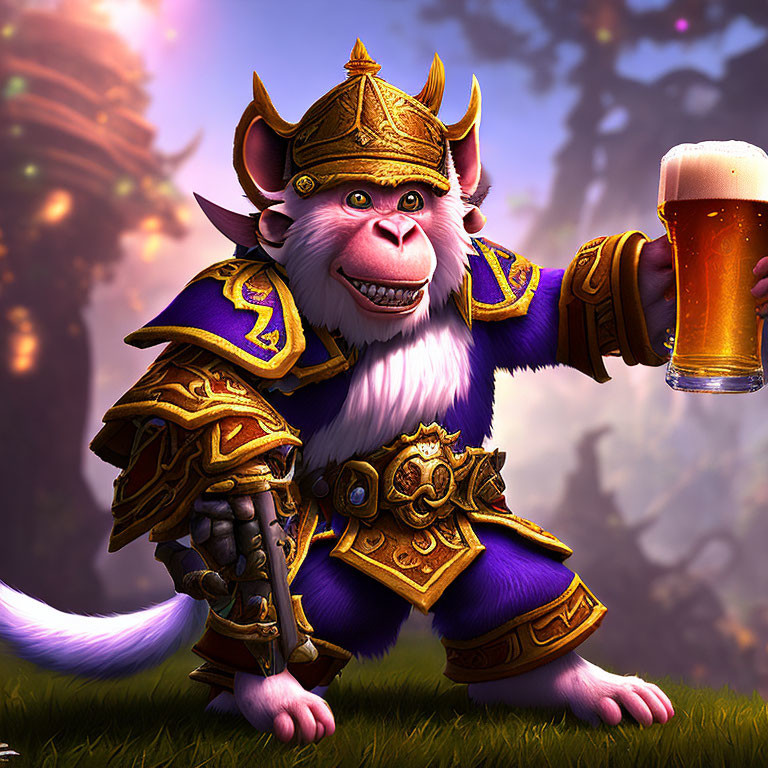 Colorful Monkey in Armor with Beer in Forest Background