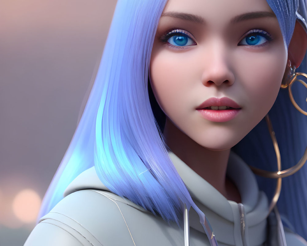 Female character with blue eyes, blue hair, golden earrings, and hooded top in soft-lit