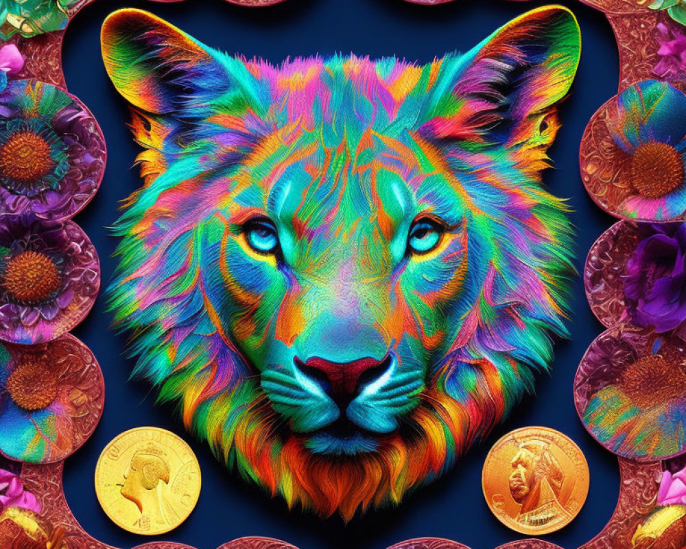 Colorful Lion Face Surrounded by Flowers and Coins on Dark Blue Background