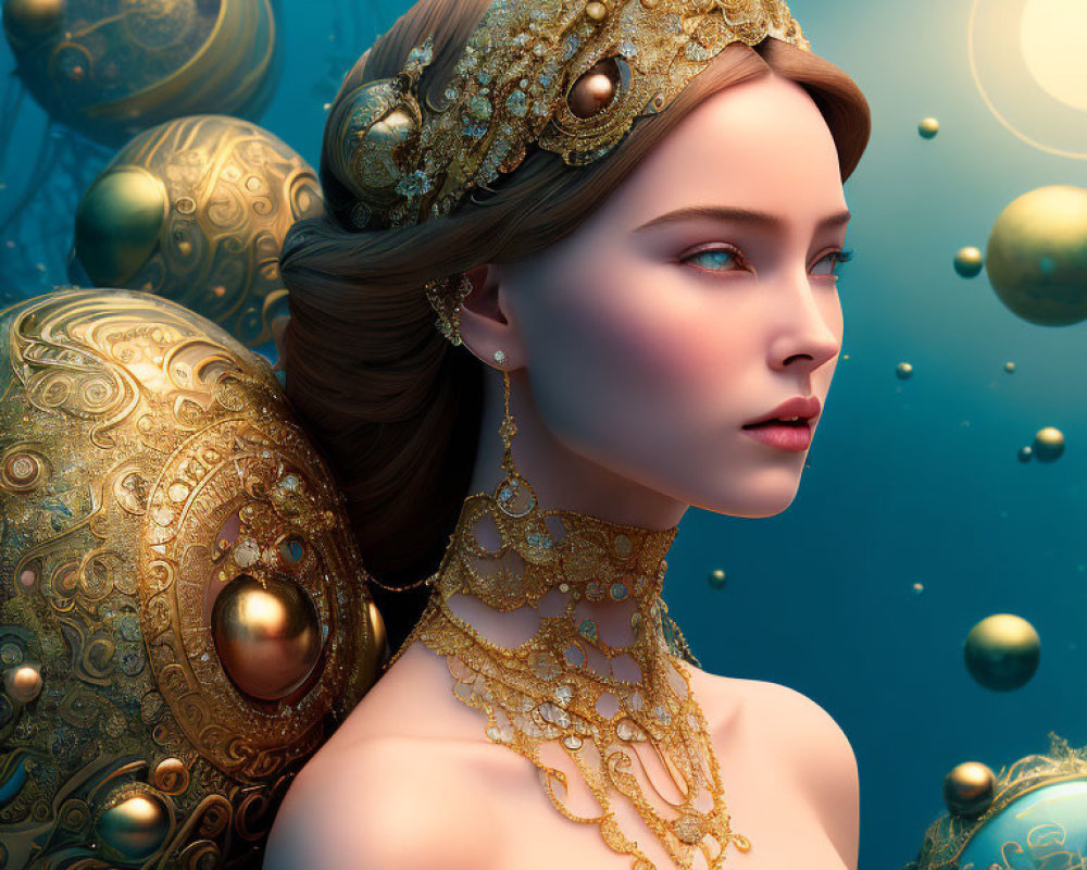 Fantasy digital artwork of woman with golden headpiece and jewelry