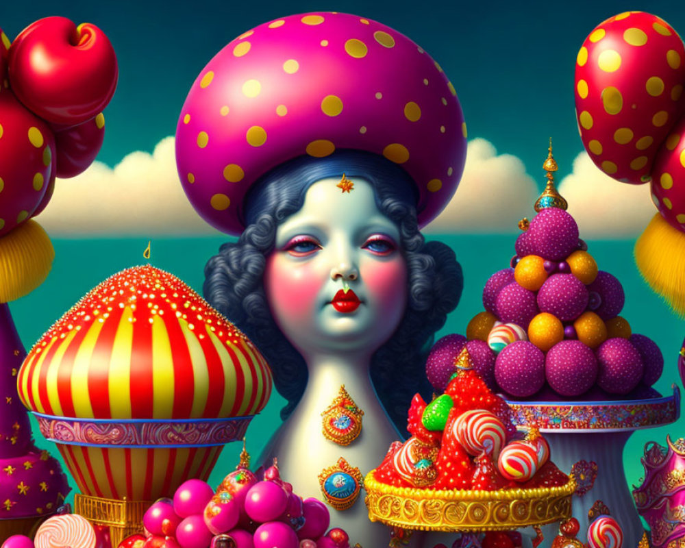 Colorful Character with Blue Hair and Red Lips in Whimsical Candy Land