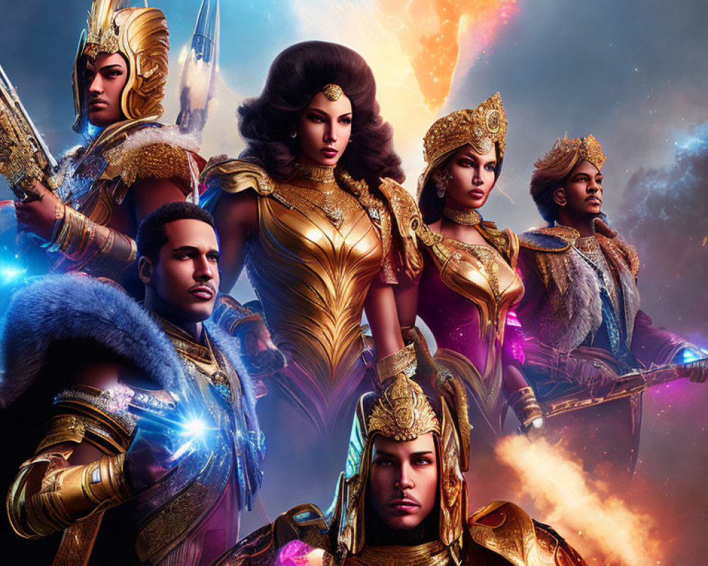 Five heroic figures in ornate golden armor against cosmic sky