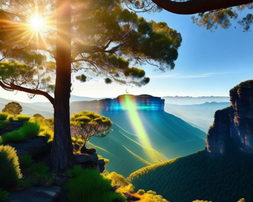 Misty canyon with rainbow, layered mountain peaks, and lush greenery