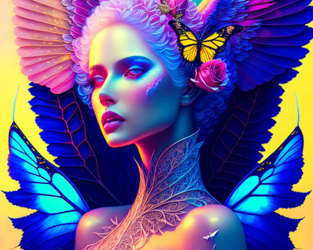 Fantasy-themed digital artwork of woman with butterfly wings and feathers.