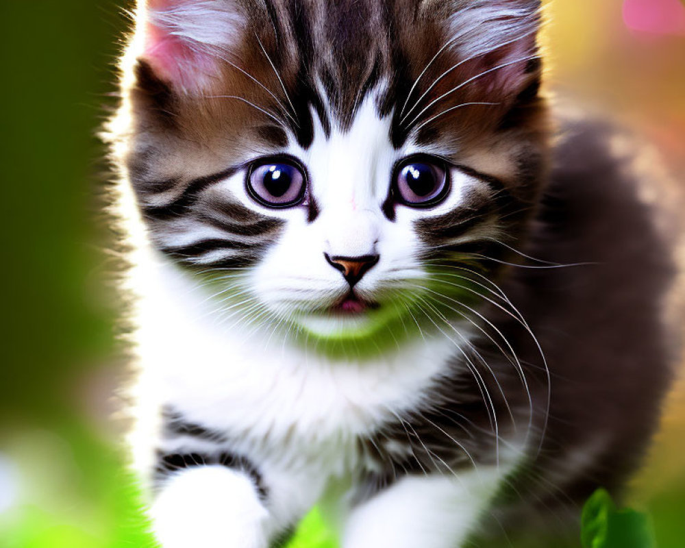 Fluffy black and white kitten with large eyes among colorful flowers