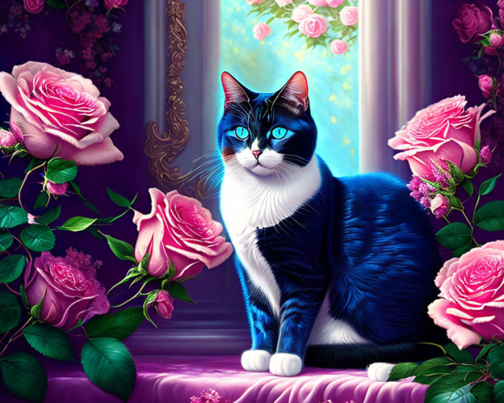 Black and White Cat with Blue Eyes Among Pink Roses and Purple Drapes