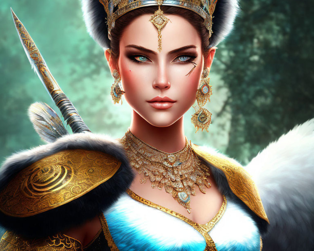 Regal woman with green eyes, golden crown, fur shoulders, and spear.