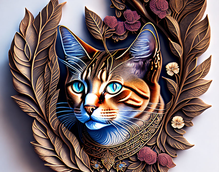 Colorful Stylized Cat Illustration Surrounded by Intricate Patterns and Foliage