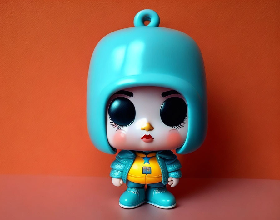 Vinyl collectible doll with blue helmet, jacket, and boots on orange background