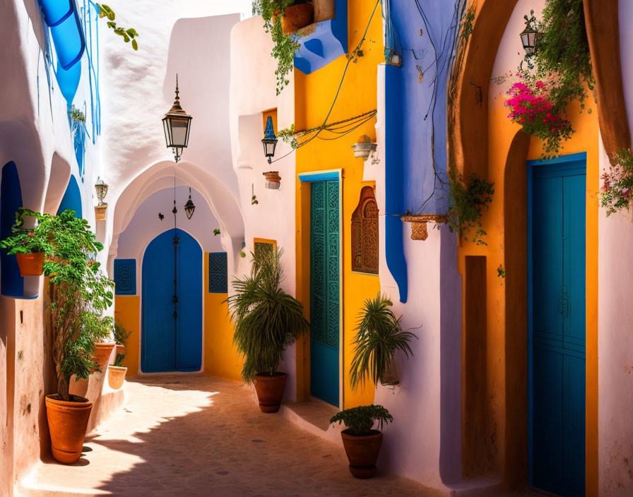 Colorful Mediterranean Alley with Blue Doors and Orange Walls