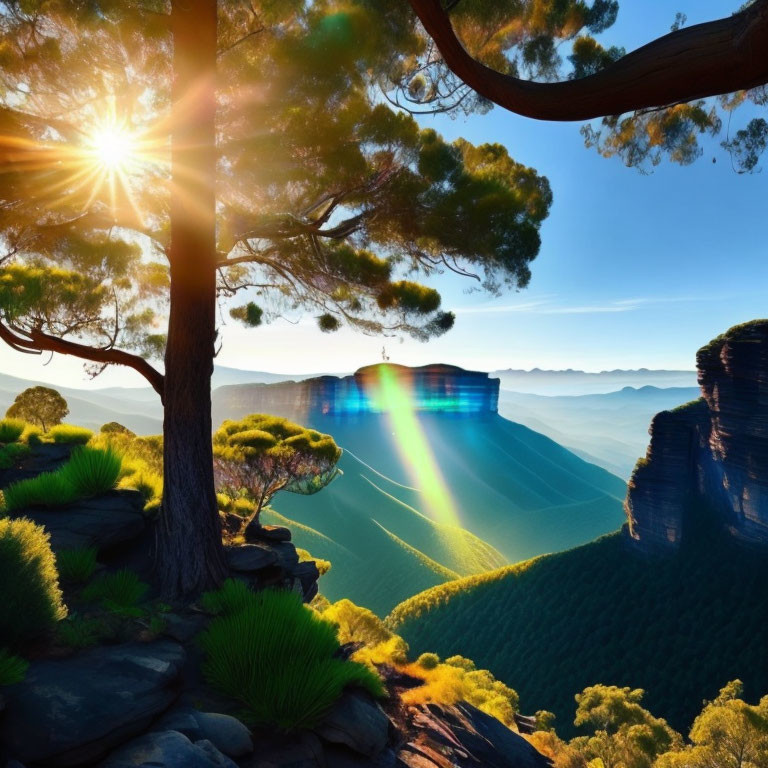 Misty canyon with rainbow, layered mountain peaks, and lush greenery