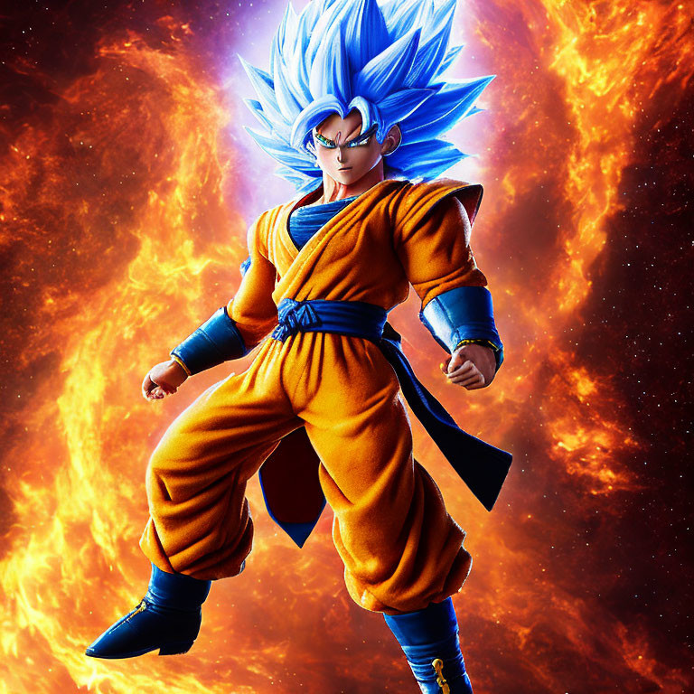 Spiky Blue-Haired Animated Character in Orange Martial Arts Suit against Fiery Background