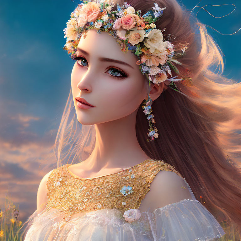 Digital Artwork: Woman with Floral Crown and Ornate Dress in Twilight Sky