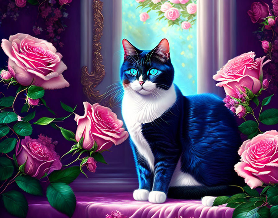 Black and White Cat with Blue Eyes Among Pink Roses and Purple Drapes