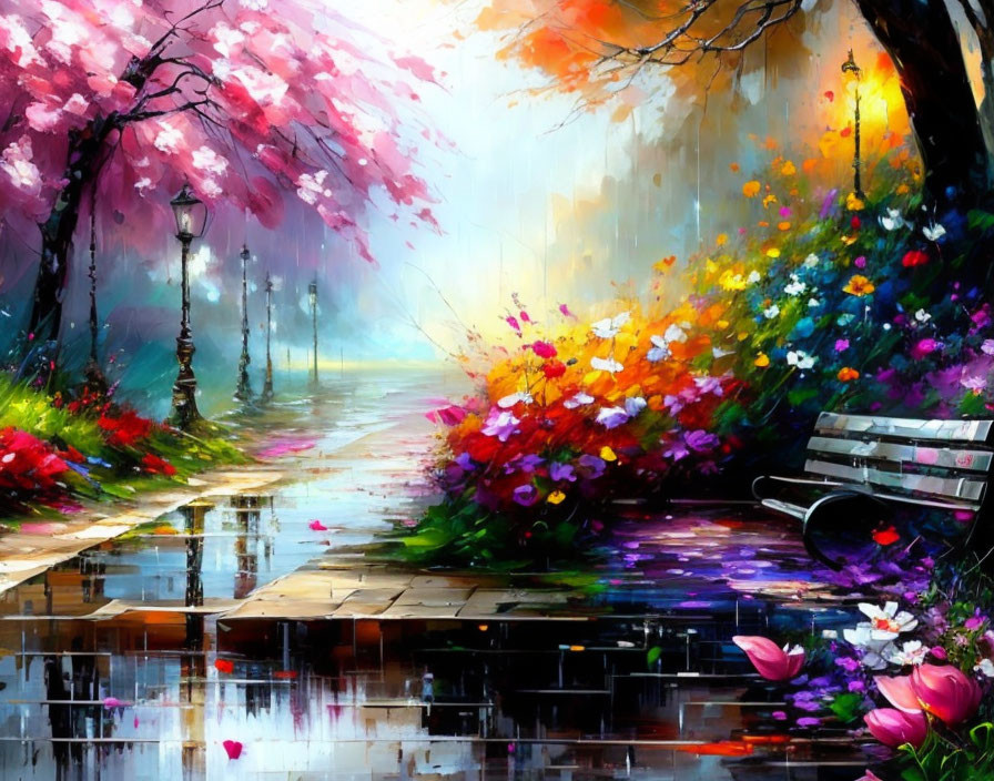 Vibrant Park Scene with Cherry Blossoms and Flowers