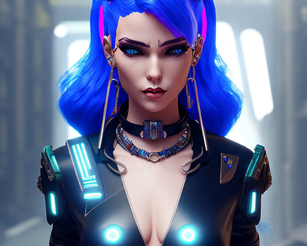 Digital Artwork of Female Character with Vibrant Blue Hair & Futuristic Outfit