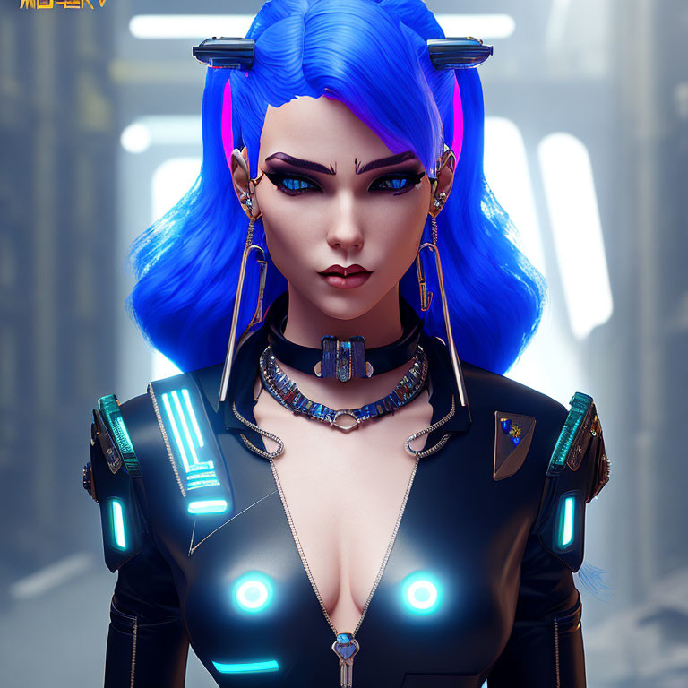 Digital Artwork of Female Character with Vibrant Blue Hair & Futuristic Outfit