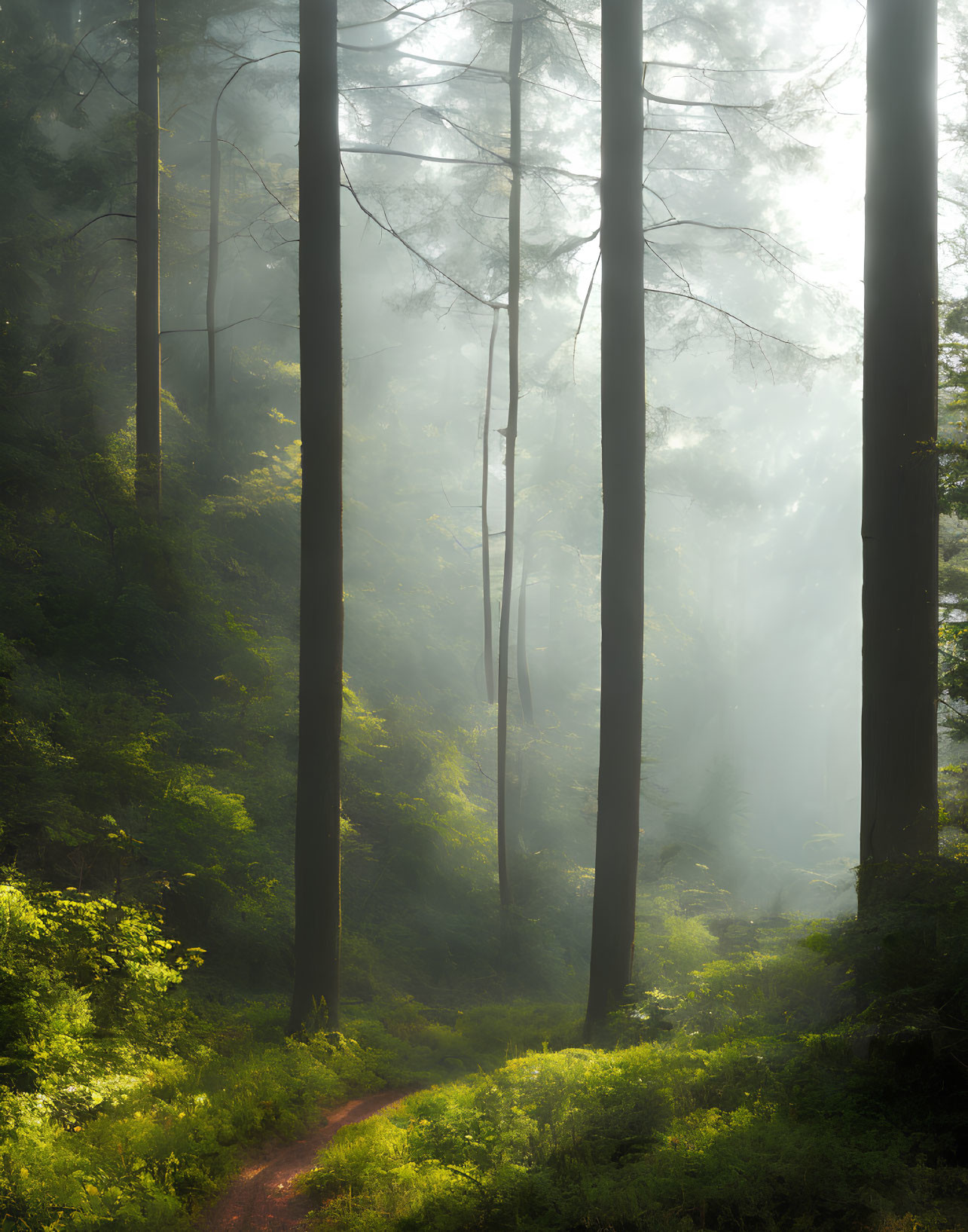 Misty forest with sunlight filtering through towering trees