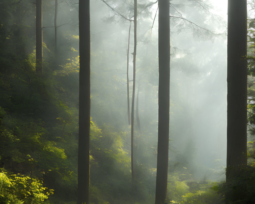 Misty forest with sunlight filtering through towering trees