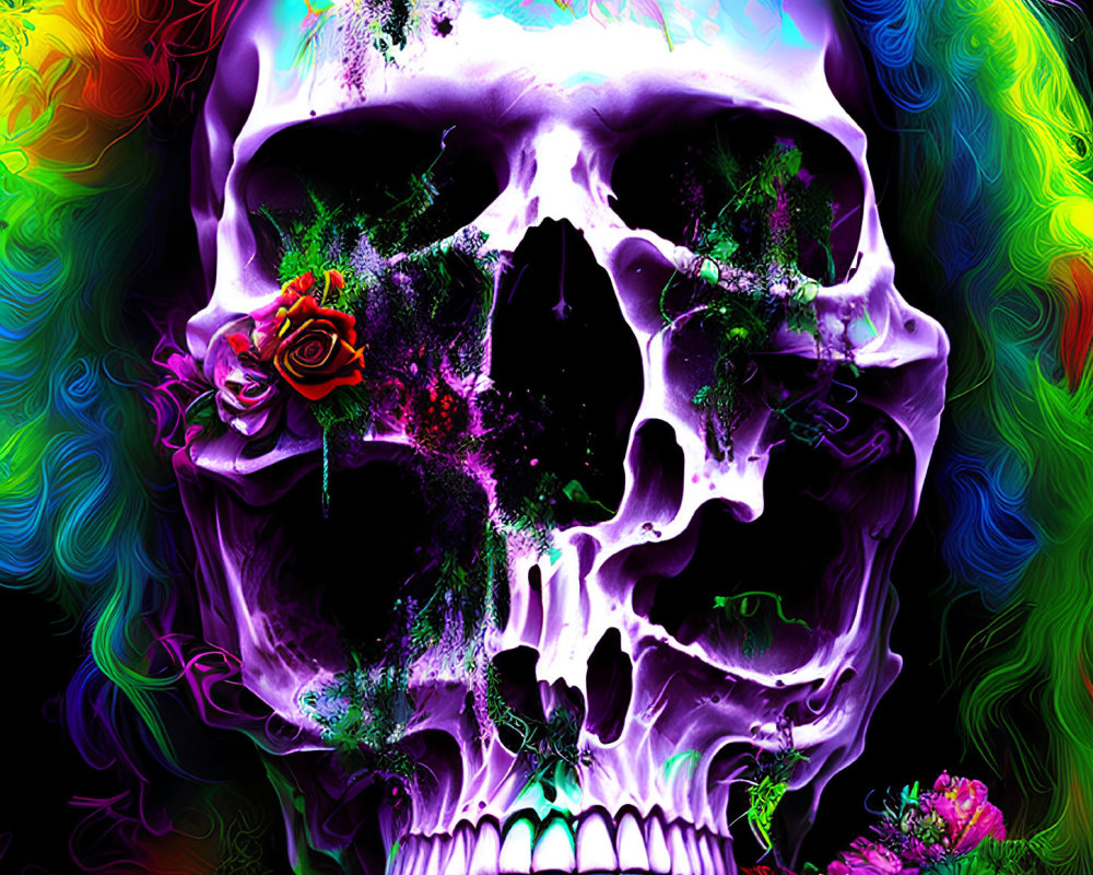 Colorful Psychedelic Skull with Swirls and Flowers on Neon Background